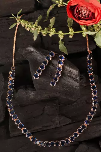rose gold blue stone cz necklace set for women
