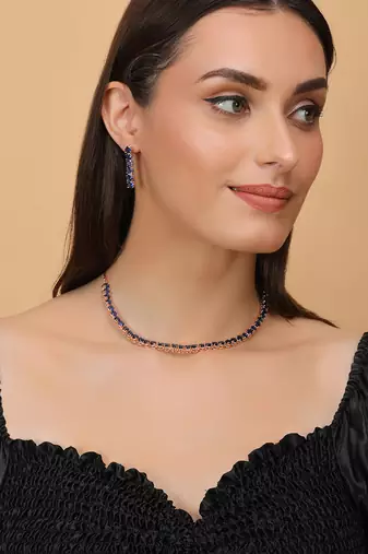 rose gold blue stone cz necklace set for women