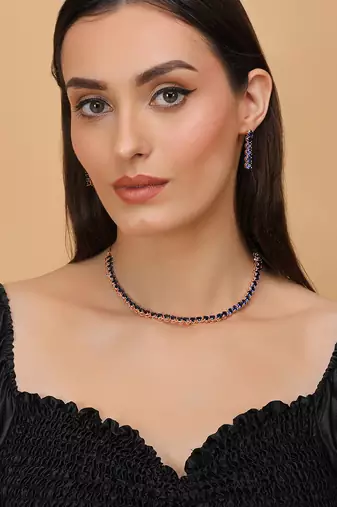 rose gold blue stone cz necklace set for women