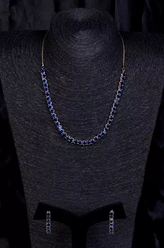 rose gold blue stone cz necklace set for women