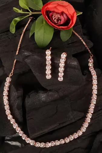 rose gold plated cz solitaire necklace set for women