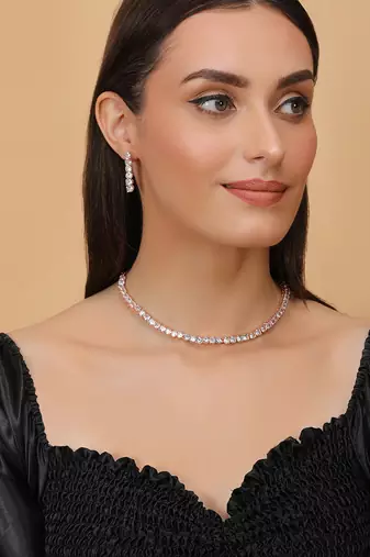 rose gold plated cz solitaire necklace set for women