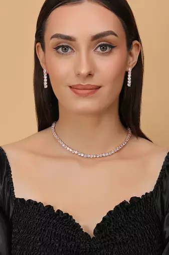 rose gold plated cz solitaire necklace set for women