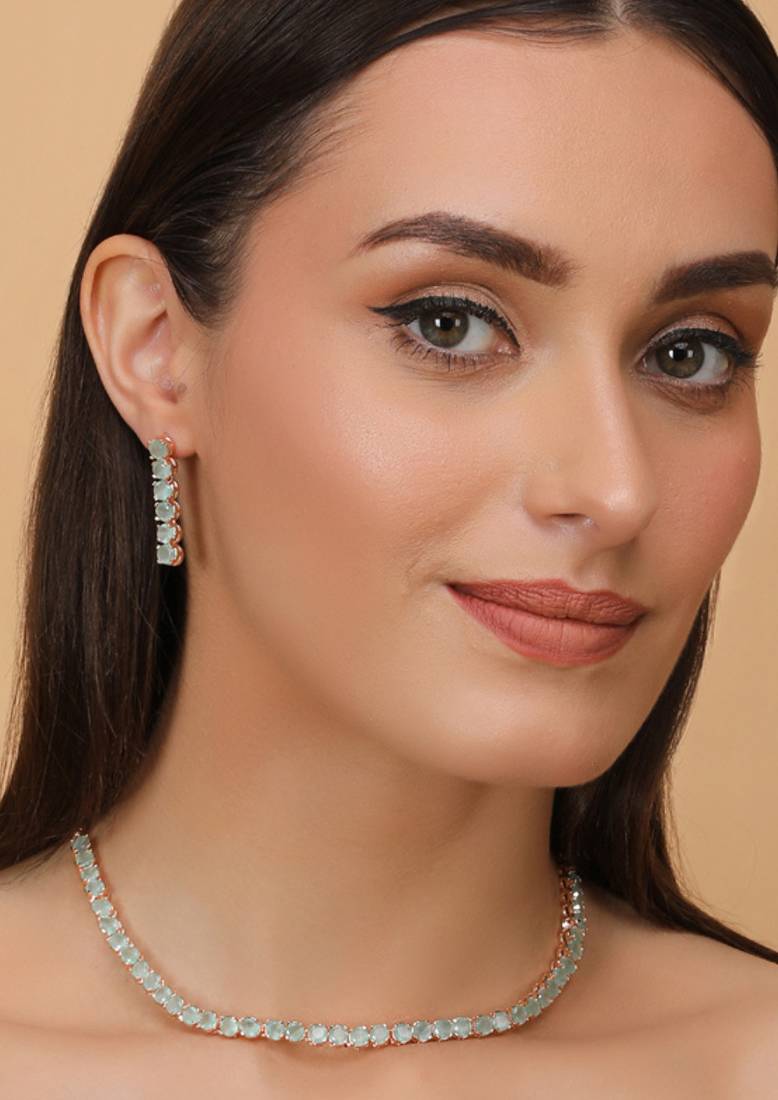 Rose Gold Plated Green Turquoise Stone CZ Necklace 
