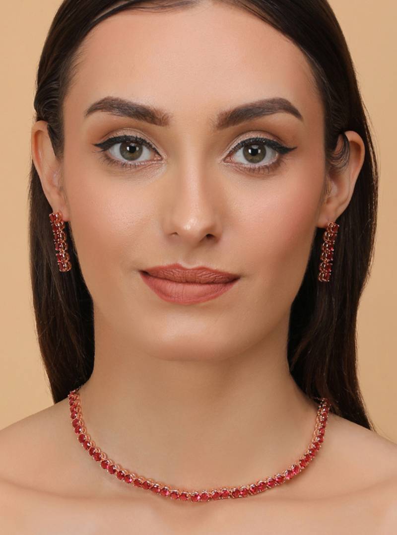 Rose Gold Plated Hydro RedRuby Stone CZ Necklace
