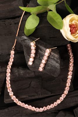 rose gold plated pink stone cz necklace set for women 2