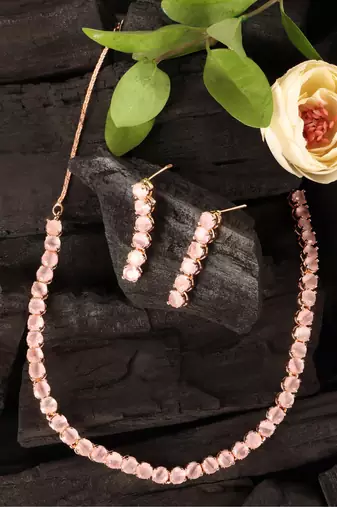rose gold plated pink stone cz necklace set for women