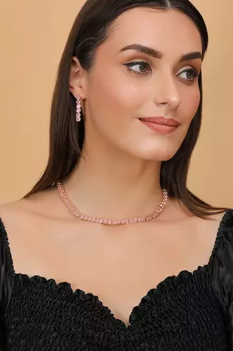 rose gold plated pink stone cz necklace set for women