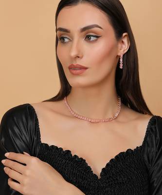 rose gold plated pink stone cz necklace set for women 4