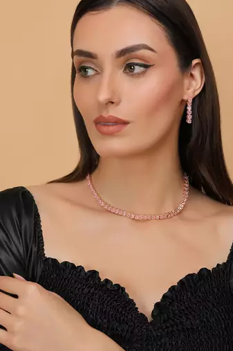 rose gold plated pink stone cz necklace set for women