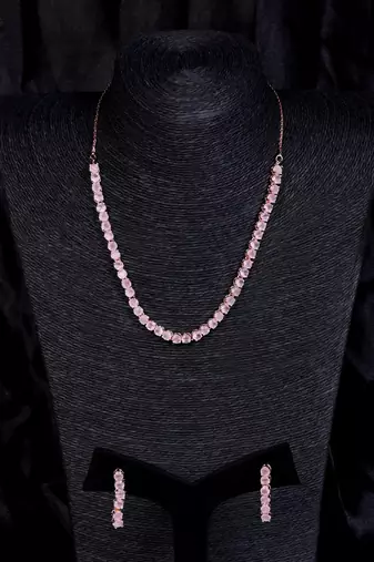 rose gold plated pink stone cz necklace set for women