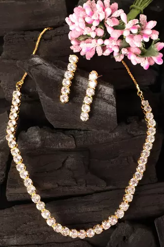 gold plated cz diamond solitaire necklace set for women
