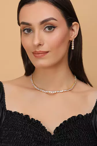 gold plated cz diamond solitaire necklace set for women