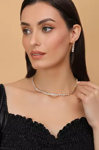 gold plated cz diamond solitaire necklace set for women