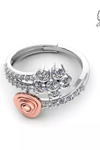 925 sterling silver dual tone floral heart adjustable ring for women