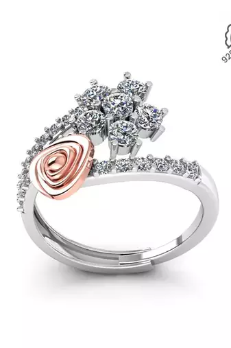 925 sterling silver dual tone floral heart adjustable ring for women