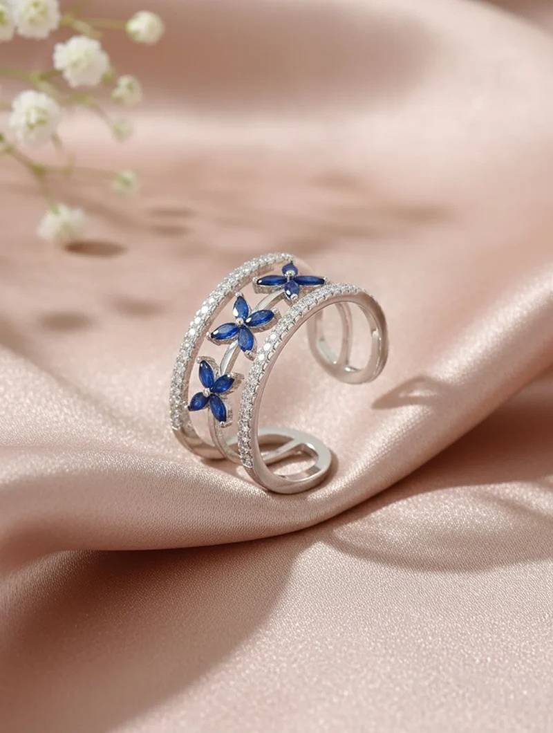 Pure 925 silver blue flowe ring for women
