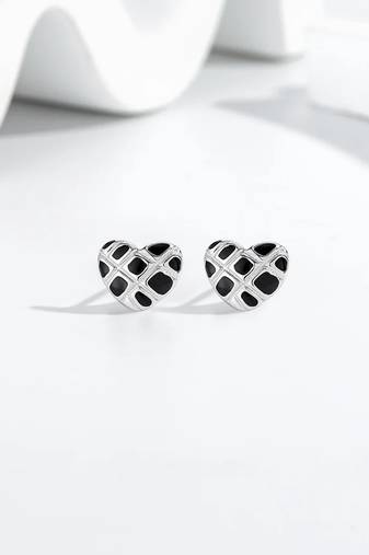 Pure 925 silver black velvet heart stud earrings for women