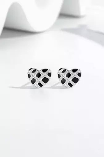 Pure 925 silver black velvet heart stud earrings for women