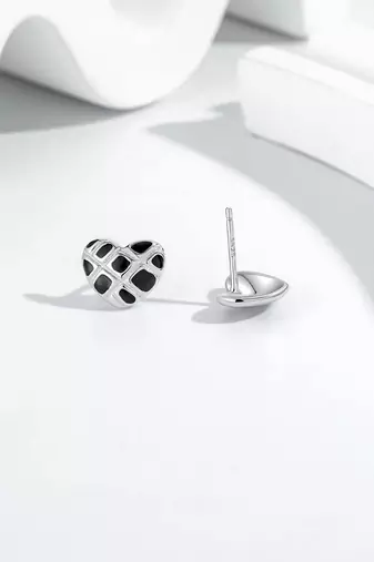 Pure 925 silver black velvet heart stud earrings for women