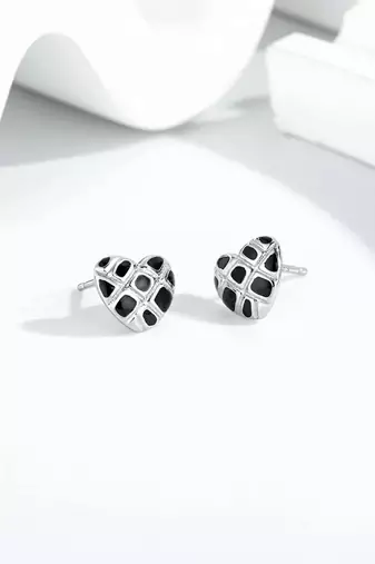 Pure 925 silver black velvet heart stud earrings for women