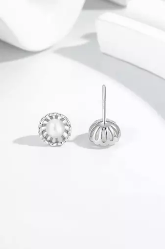 Pure 925 silver classic pearl bloom stud earrings for women