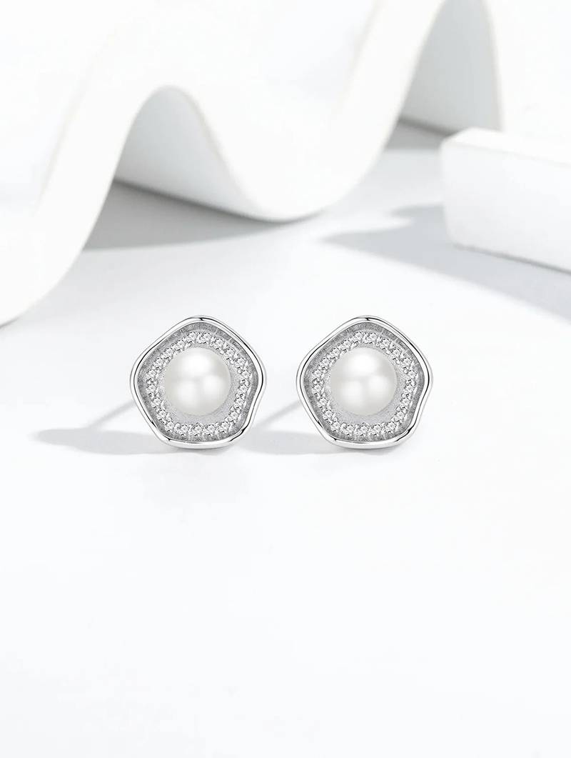 Pure 925 silver celestial pearl halo stud earrings for women