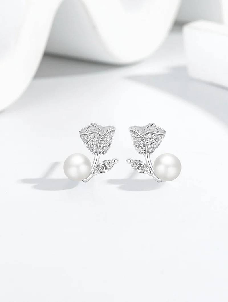 Pure 925 silver rose pearl earrings for women