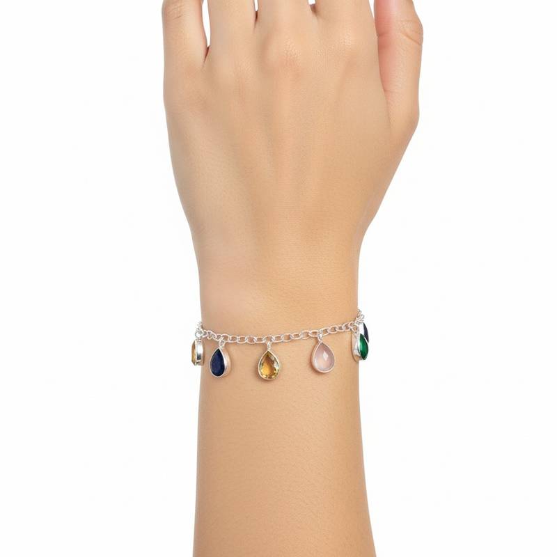 Pure 925 silver multi stone pear cut natural gemstone bracelet for women