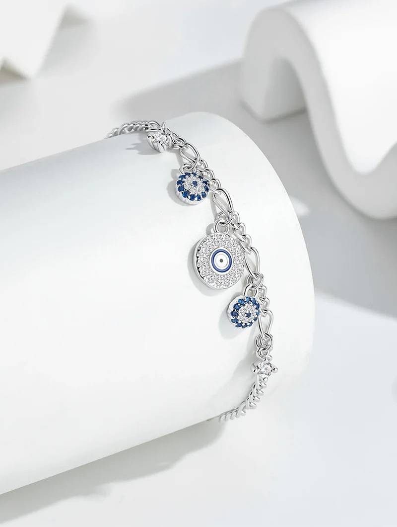 Pure 925 silver evil eye charm bracelet for women