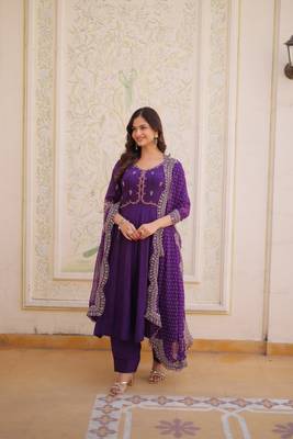 purple embroidered chanderi kurti pant set with with dupatta 1