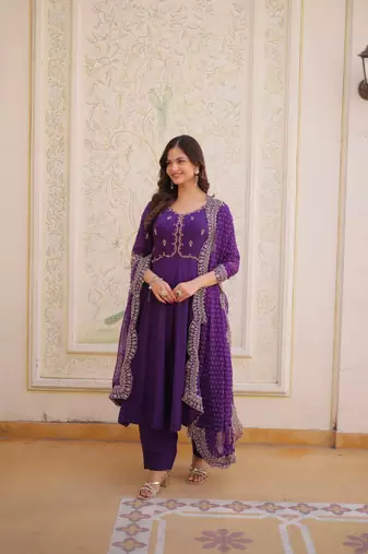 Purple Readymade Mul Chanderi with Beads Embroidered work  kurti-pant-dupatta