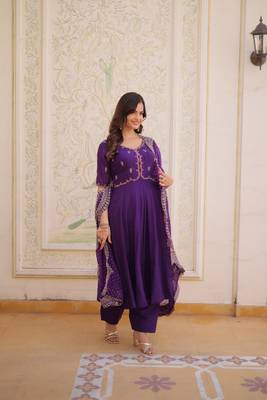 purple embroidered chanderi kurti pant set with with dupatta 2