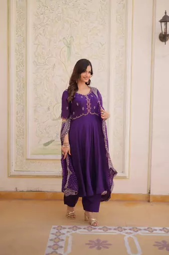 purple embroidered chanderi kurti pant set with with dupatta