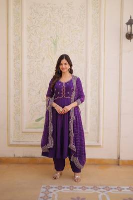 purple embroidered chanderi kurti pant set with with dupatta 3