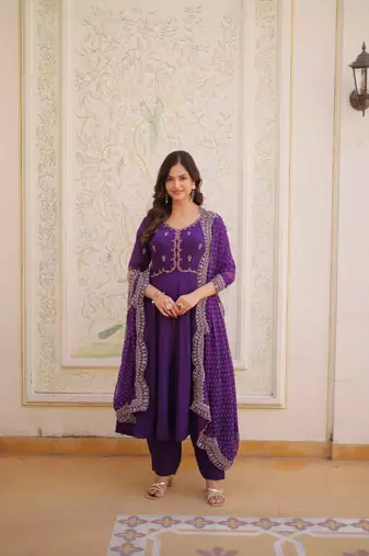 purple embroidered chanderi kurti pant set with with dupatta