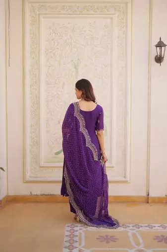 purple embroidered chanderi kurti pant set with with dupatta