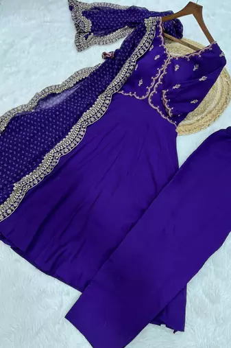 purple embroidered chanderi kurti pant set with with dupatta