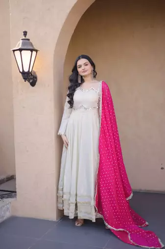 White-Pink Cosmos with Real Mirror with Zari Embroidered lace work long kurti with dupatta