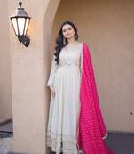 White-Pink Cosmos with Real Mirror with Zari Embroidered lace work long kurti with dupatta
