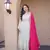 White Pink Cosmos with Mirror with Zari Embroidered lace work long kurti with dupatta
