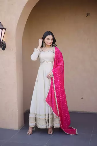 White Pink Cosmos with Mirror with Zari Embroidered lace work long kurti with dupatta
