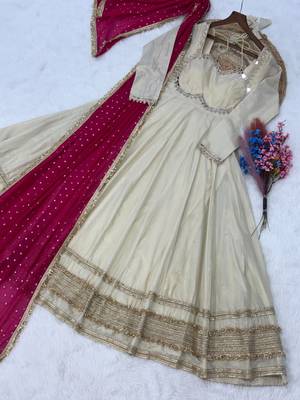 white embroidered art silk kurti with pink dupatta 3
