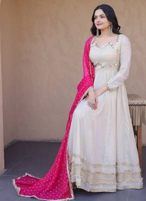 white embroidered art silk kurti with pink dupatta 4