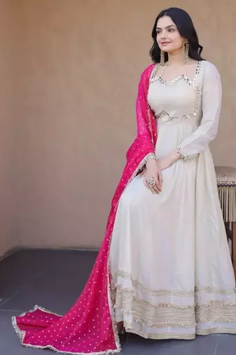 White Pink Cosmos with Mirror with Zari Embroidered lace work long kurti with dupatta