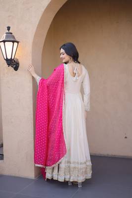 white embroidered art silk kurti with pink dupatta 5