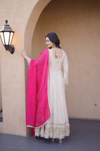 White Pink Cosmos with Mirror with Zari Embroidered lace work long kurti with dupatta