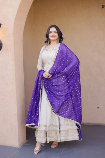 White-Purple Cosmos with Real Mirror with Zari Embroidered lace work long kurti with dupatta