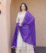 White-Purple Cosmos with Real Mirror with Zari Embroidered lace work long kurti with dupatta