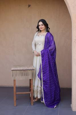 white mirror work art silk kurti set with purple dupatta 2